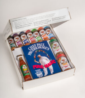 a box containing the pure magic cook book, all 7 magic seasoning blends, pepper sauce and the 2 pasta and pizza seasoning blends