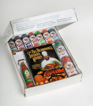 chef paul total magic gift pack with louisiana kitchen cook book and various magic seasoning blends including vegetable, blackend steak, meat, blackend redfish, poultry, seafood, pork and veal, pizza and pasta herbal and pizza and pasta hot and sweet magic seasoning blends and a contatiner of magic peper sauce