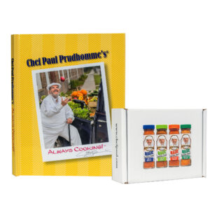 chef paul always cooking cook book next to a pack of 4 containers of meat, poultry, seafood and vegetable magic seasoning