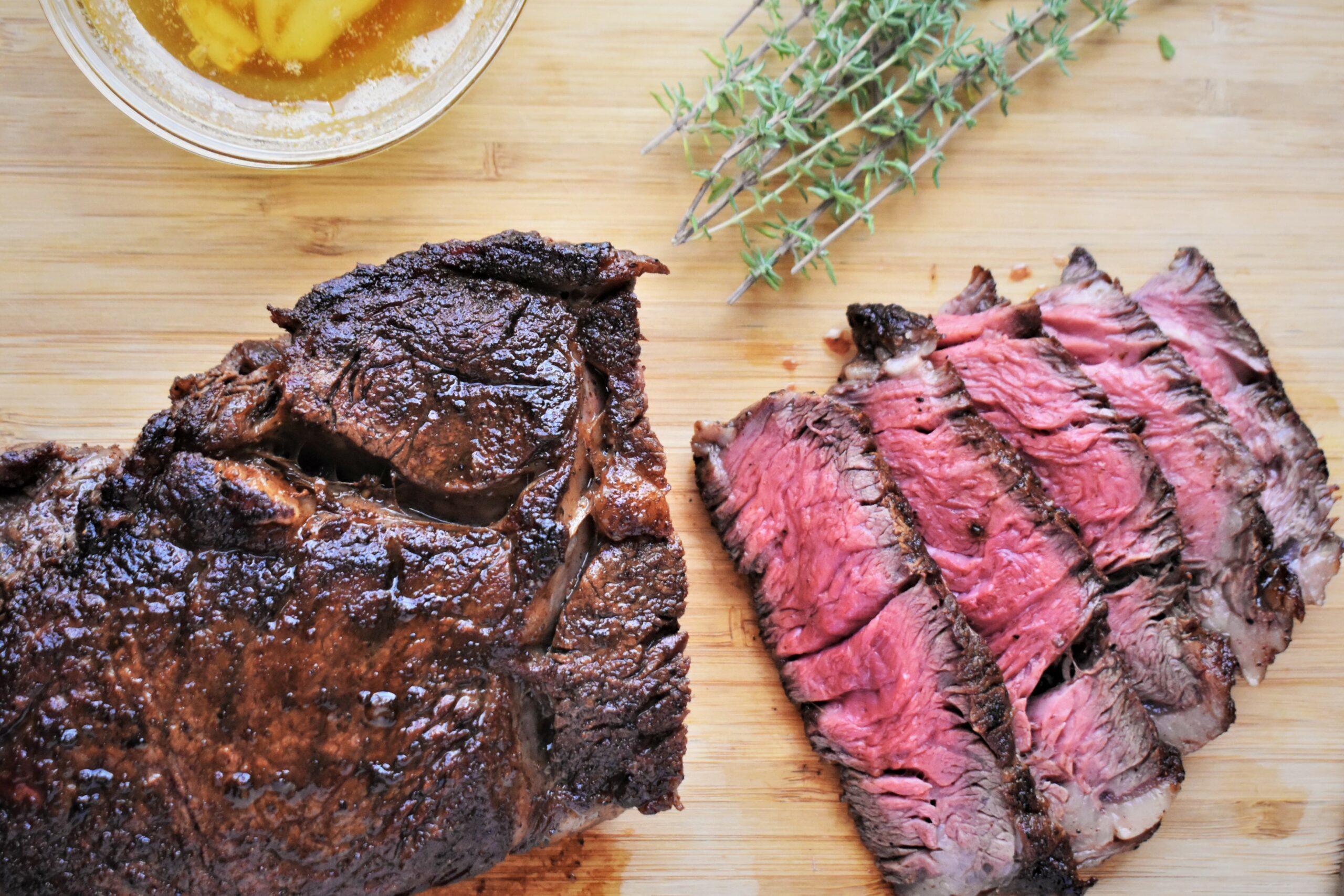 a blackend ribeye cooked medium well