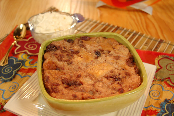 a dish of Bread Pudding with Chantilly Cream