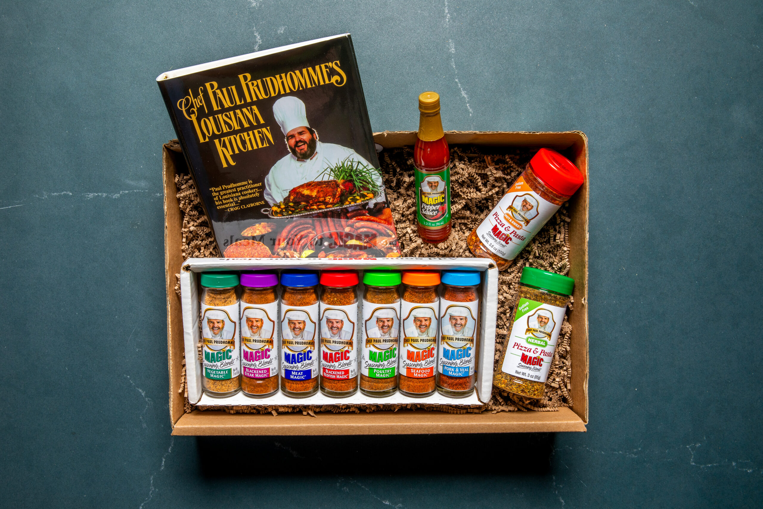Magic seasoning gift box including Louisiana Kitchen cookbook, seasonings, and pepper sauce