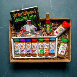 Magic seasoning gift box including Louisiana Tastes cookbook, seasonings, and pepper sauce