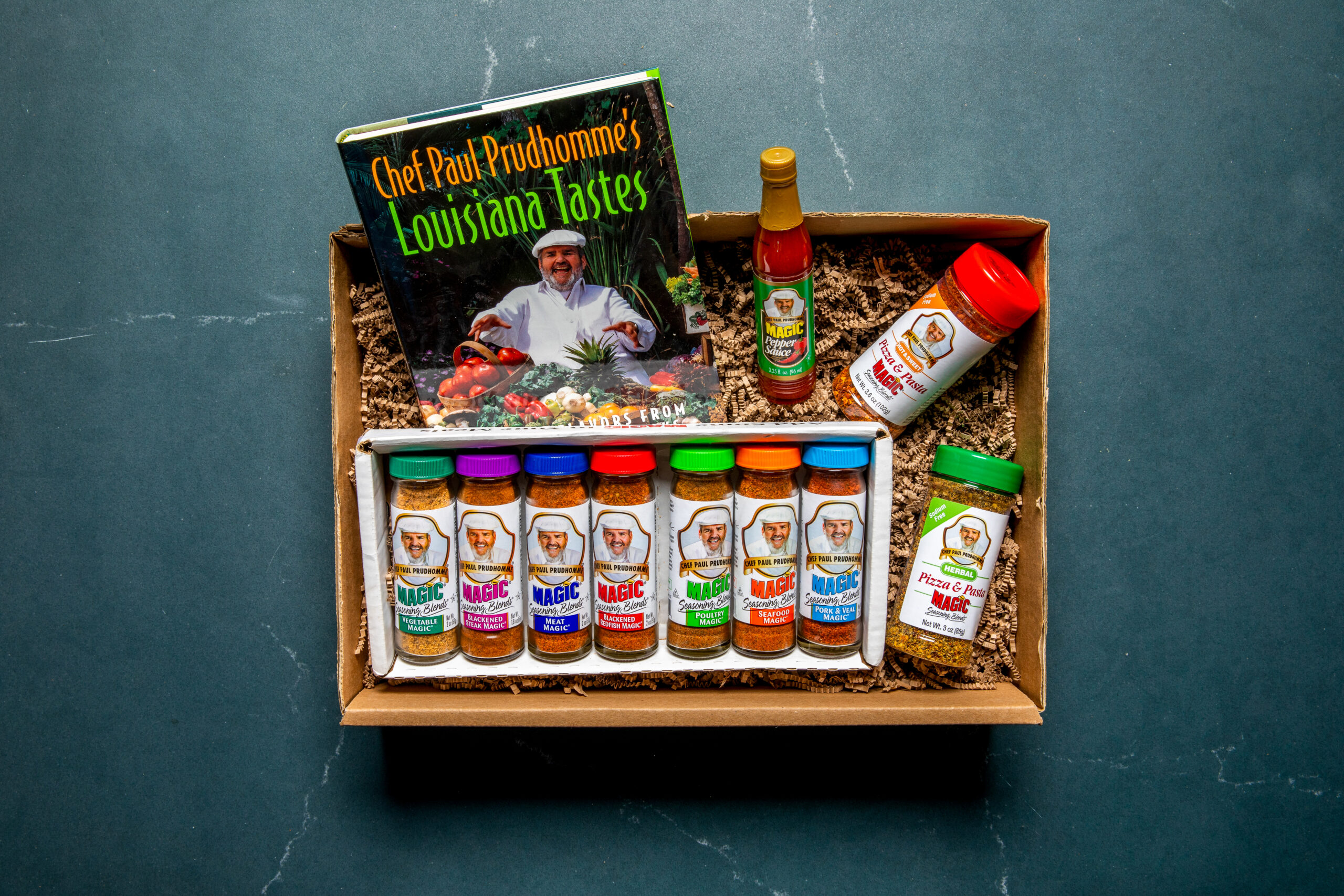 Magic seasoning gift box including Louisiana Tastes cookbook, seasonings, and pepper sauce