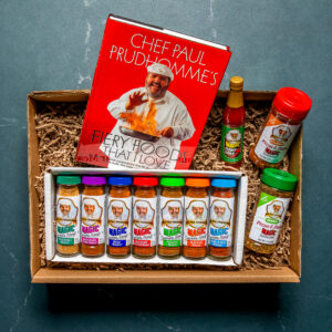 Magic seasoning gift box including Fiery Foods That I Love cookbook, seasonings, and pepper sauce
