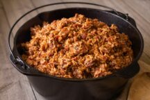 a cast iron pot full of chicken, andouille and tasso jambalaya