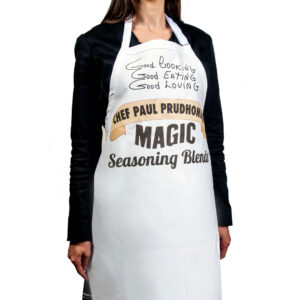 chef paul cooking apron with chef paul word logo and the text good cooking good eating good loving