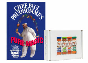 chef paul pure magic cooking book next to a pack of 4 containers of meat, poultry, seafood and vegetable magic seasoning