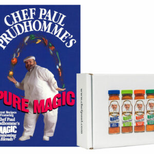 chef paul pure magic cooking book next to a pack of 4 containers of meat, poultry, seafood and vegetable magic seasoning