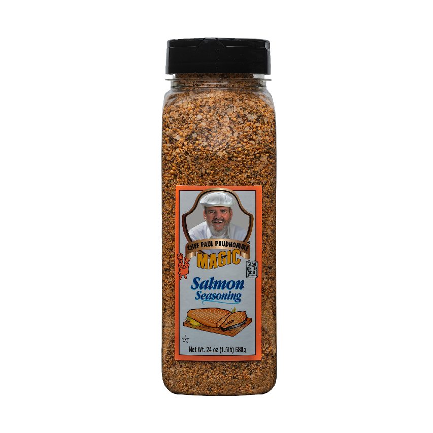a front of a container of chef paul's magic seasoning salmon magic