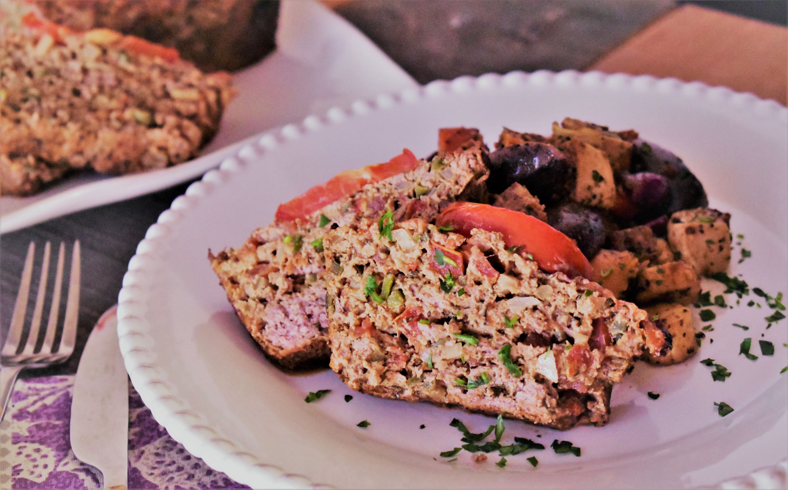 a plate of sweet basil and tarragon meat loaf with salt free sugar free magic seasoning blends