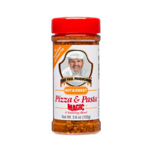 the front of a container of chef paul hot and sweet pizza and pasta magic