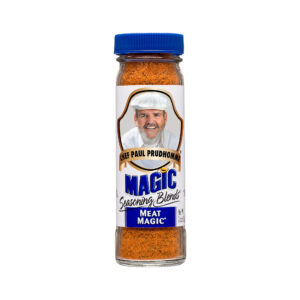 the front of a container of chef paul's magic seasoning blends meat magic