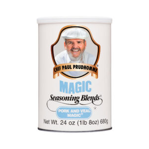 the front of a container of chef paul's magic seasoning pork and veal magic