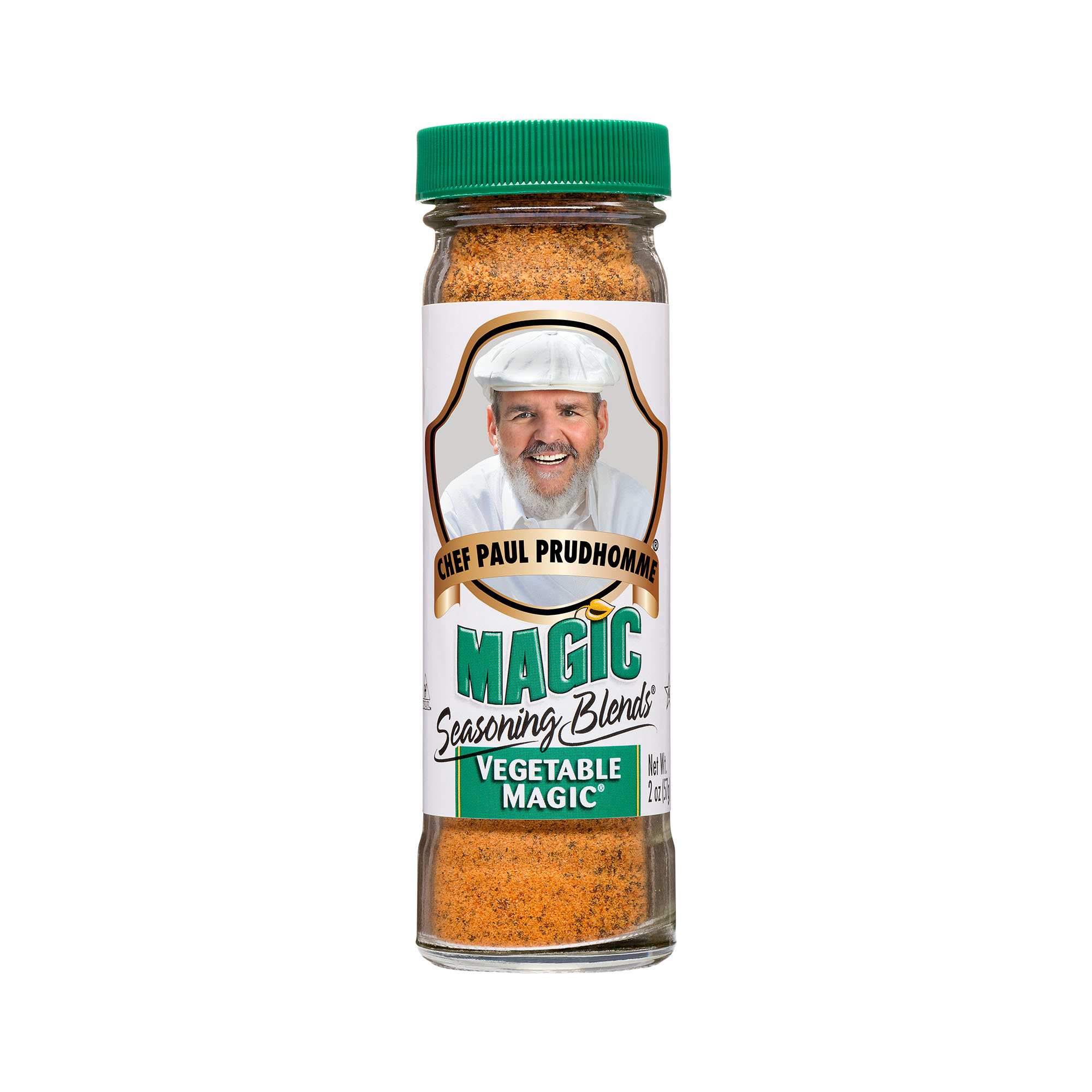 the front of container of chef paul's magic seasoning blends vegetable magic
