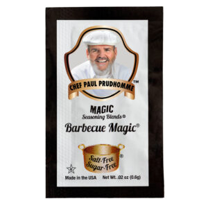 the front of a container of chef paul's magic seasoning blends salt free sugar free barbecue magic