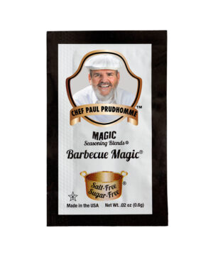 the front of a container of chef paul's magic seasoning blends salt free sugar free barbecue magic