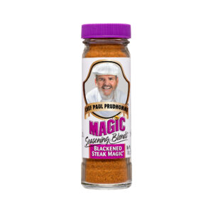 the front of a container of blackend steak magic seasoning blend