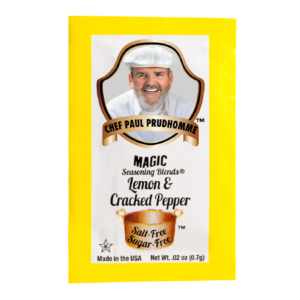 the front of a packet of magic seasoning blends salt free sugar free lemon and cracked pepper
