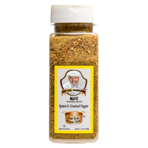 the front of a container of magic seasoning blends salt free sugar free lemon and cracked pepper
