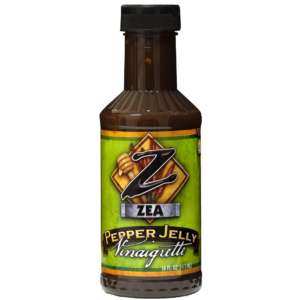 the front of a bottle of zea pepper jellly vinaigrette