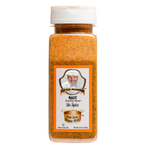 the front of a container of magic seasoning blends salt free sugar free six spice