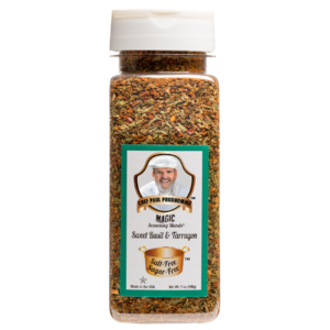 the front of a container of magic seasoning blends salt free sugar free sweet basil