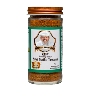 the front of a container of magic seasoning blends salt free sugar free sweet basil and tarragon