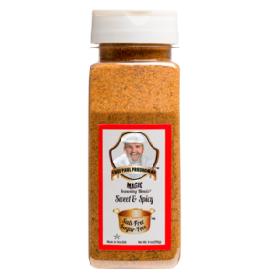 the front of a container of magic seasoning blends salt free sugar free sweet and spicy