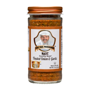 the front of a container of magic seasoning blends salt free sugar free toasted onion and garlic