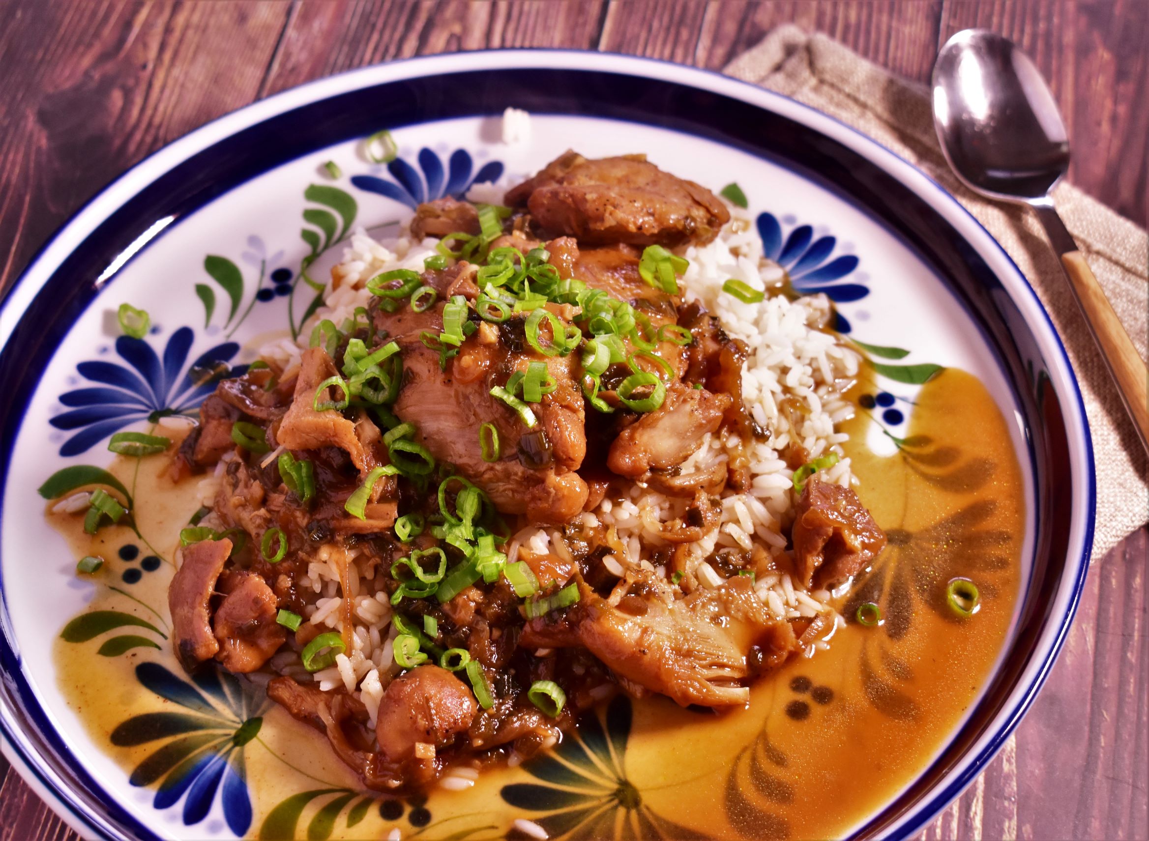 a plate of instapot filipino chicken adobo with green onions as garnish