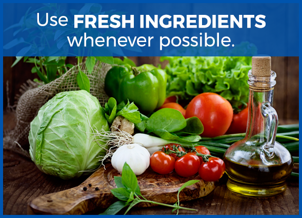a generic image of vegetables with the text "use fresh ingredients whenever possible" over it