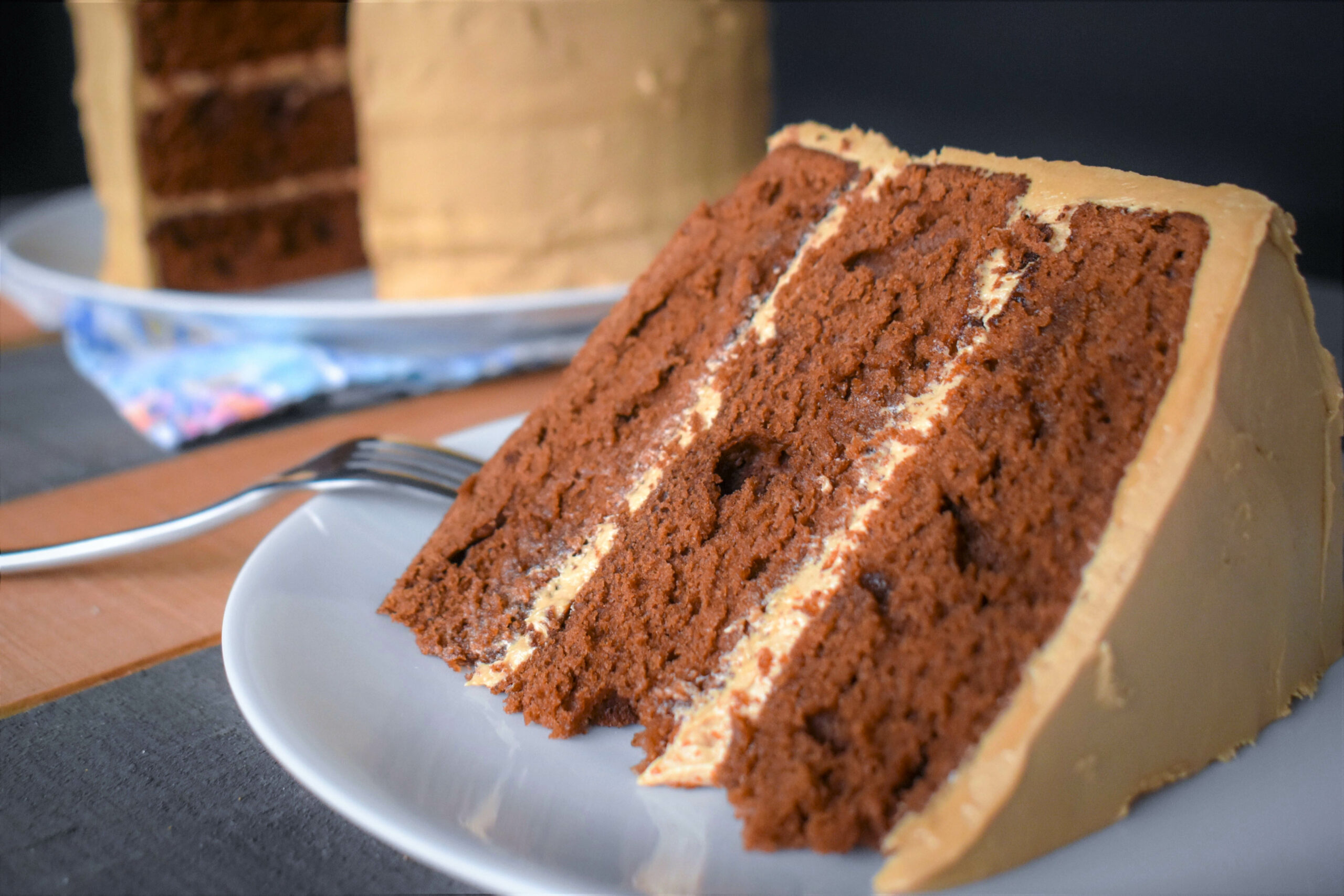 a piece of Chocolate Cake with mocha icing next to the cake the piece came from