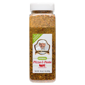 the front of a container of herbal pizza and pasta magic seasoning blend