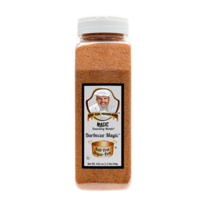 the front of a container of salt free sugar free barbeque magic seasoning blend