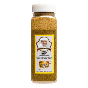 the front of a container of salt free sugar free lemon and crecked peper magic seasoning blend