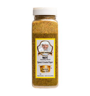 the front of a container of salt free sugar free lemon and crecked peper magic seasoning blend