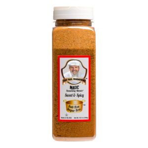 the front of a container of salt free sugar free sweet and spicy magic seasoning blend