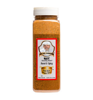 the front of a container of salt free sugar free sweet and spicy magic seasoning blend