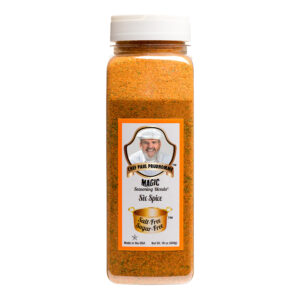 the front of a container of salt free sugar free six spice magic seasoning blend