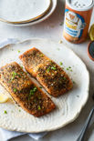 a plate of 2 pieces of magic baked salmon