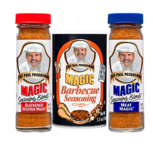 chef paul's grill blend trio with 3 containers ofblackend redfish magic, barbecue seasoning and meat magic