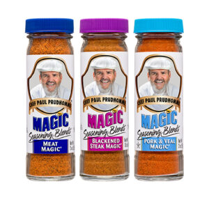 chef paul's meat trio bundle with 3 containers of meat magic, blackend steak magic and pork and veal magic