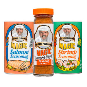 chef paul's seafood trio bundle with 3 containers of salmon seasoning, seafood magic and shrimp seasoning