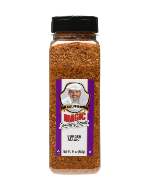 the front of a container of burger magic seasoning blend