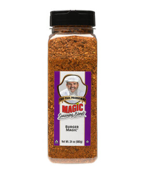 the front of a container of burger magic seasoning blend