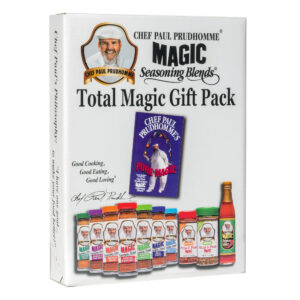 a box of containing the pure magic cook book and one of every chef paul product