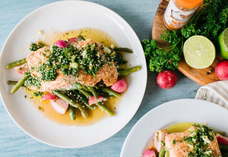 a plate of 30 minute asain style chimichurri salmon foil packs