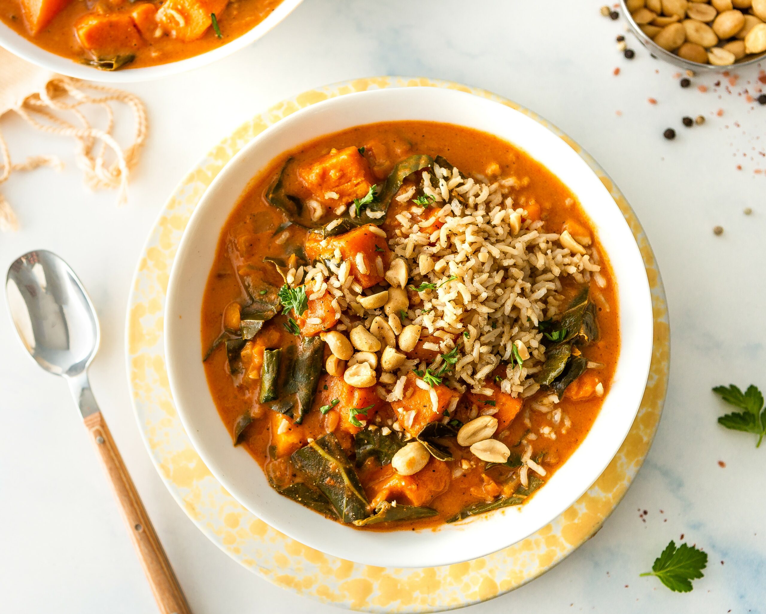 a bowl of vegetarian west african peanut soup