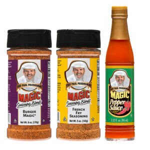 chef paul's burger trio bundle with 3 containers of burger magic, french fry seasoning and magic peper sauce